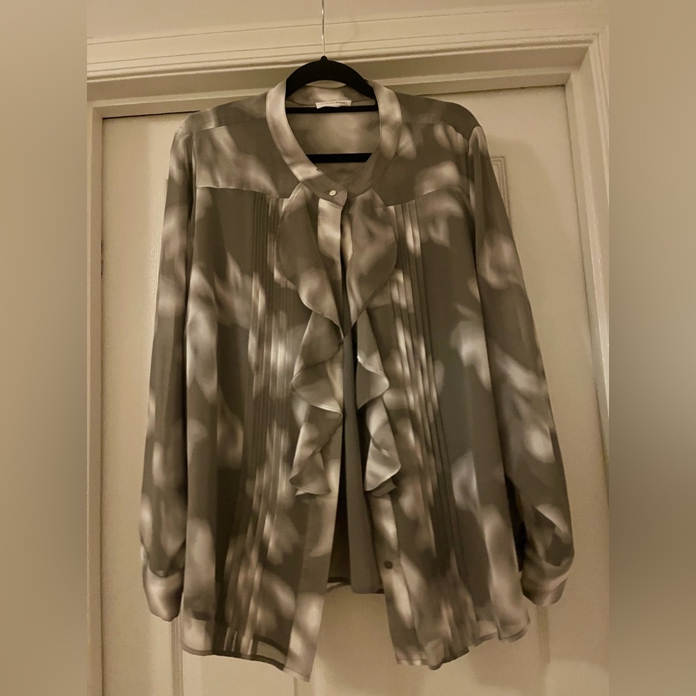 Calvin Klein Silky Top with Sheer Sleeves, Ruffles, Metal Buttons - so elegant!